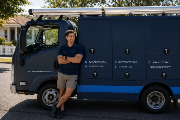 Service van and plumber at a Moore Park callout