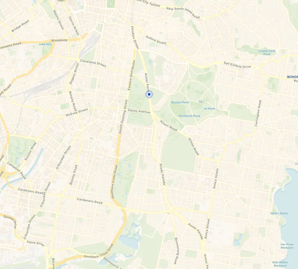 Map of the Moore Park service area and the surrounding Eastern Suburbs, showing Moore Park and the nearby streets we cover.